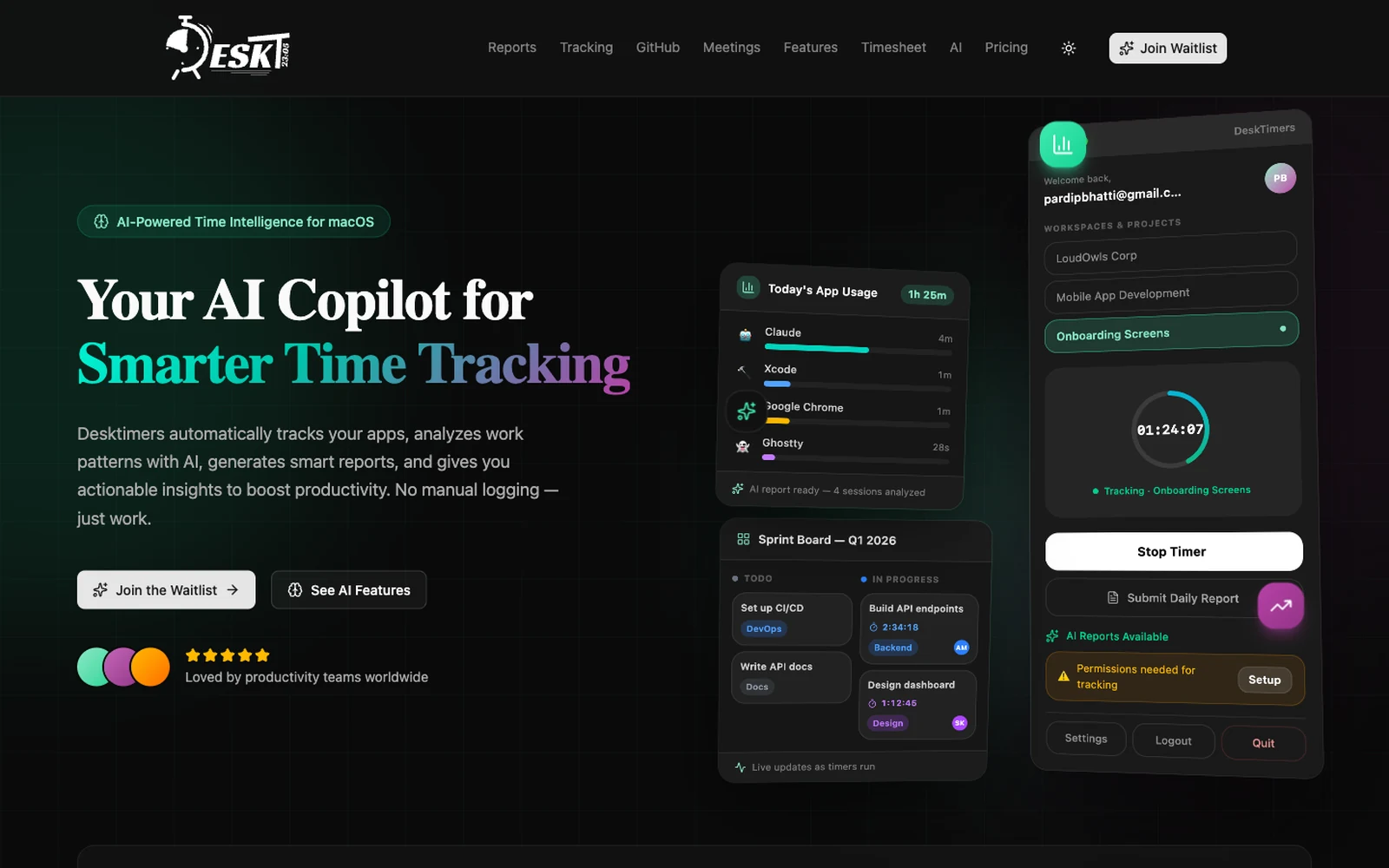 DeskTimers tracking app usage, sprint board and a running timer on macOS