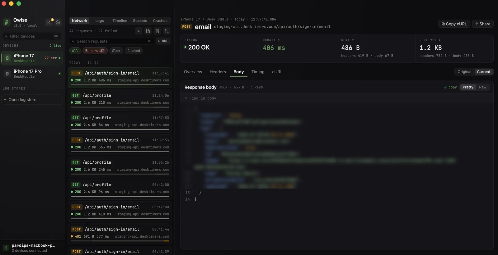 Owlse inspecting live network requests from an iPhone, with headers, timing and response body